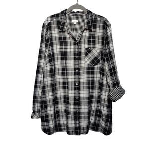 J. Jill Women's Sz XL Black White Plaid Check Button Up Shirt Contrast Cuff